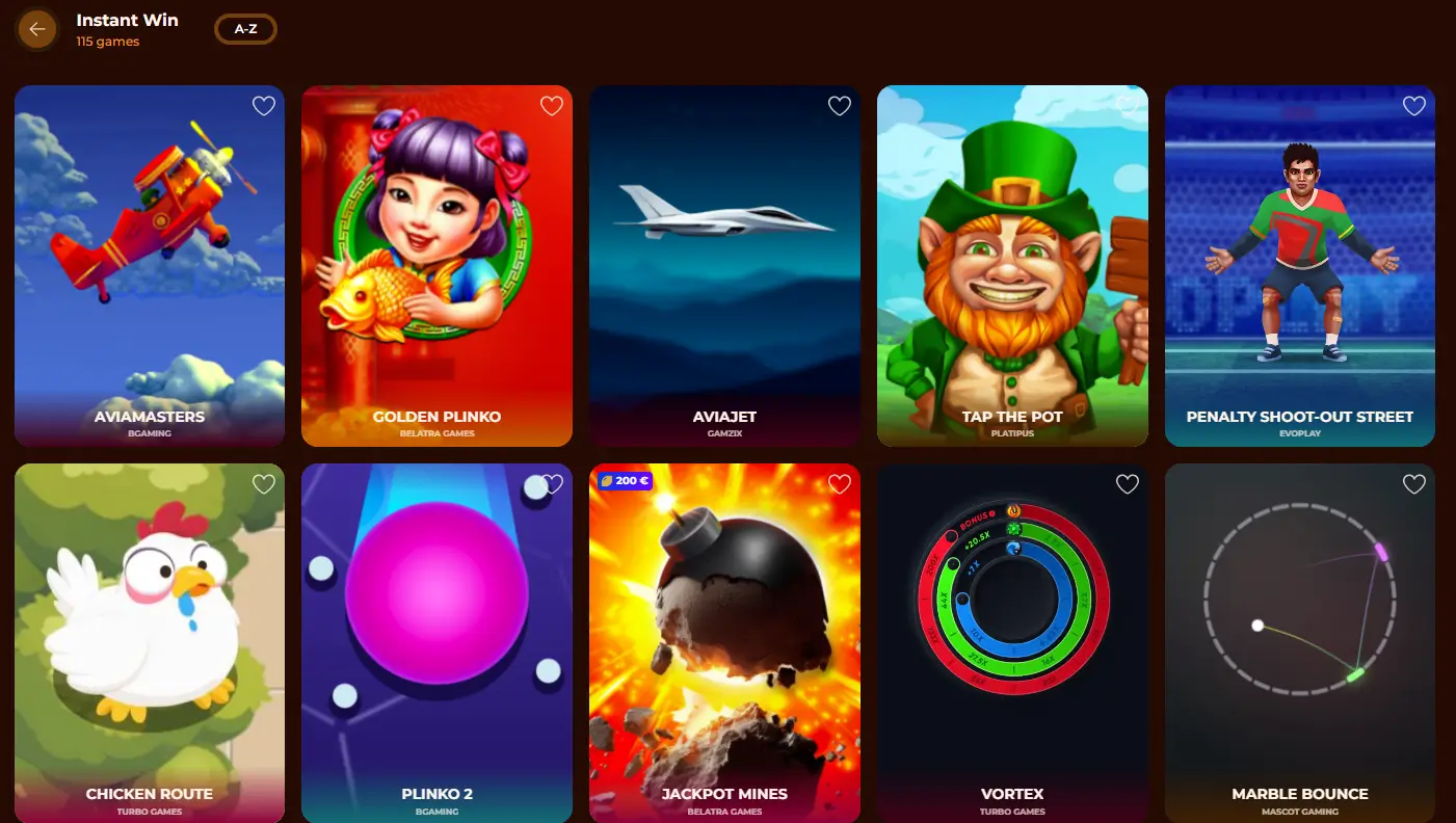 Wybór gier Instant-Win w PlayJonny z kolorowymi symbolami.